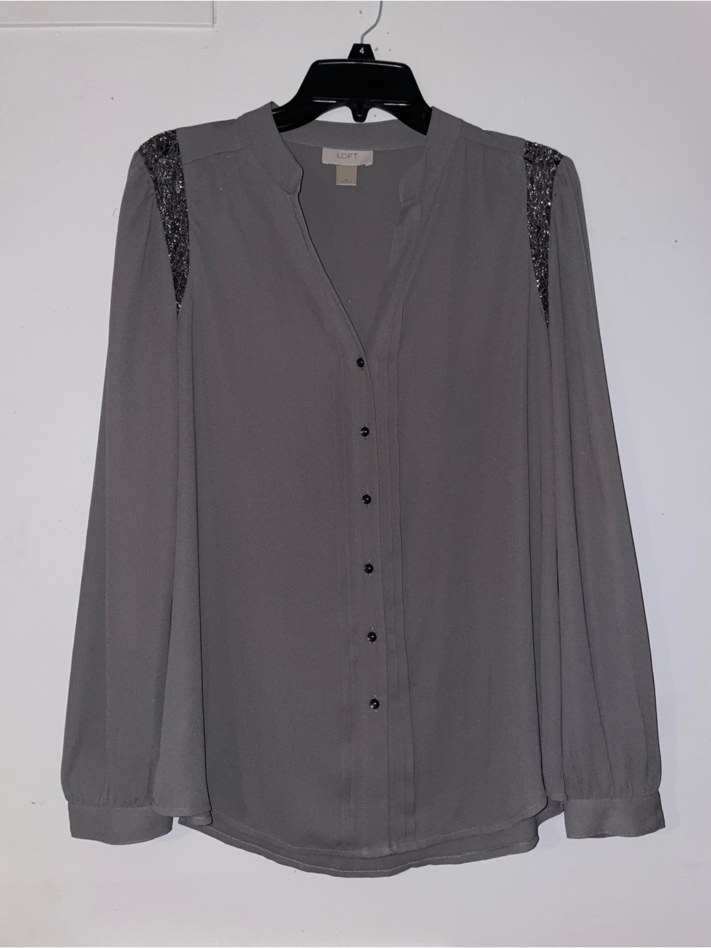 LOFT Gray Button-Front Blouse with Sheer Lace Shoulder Panels Medium